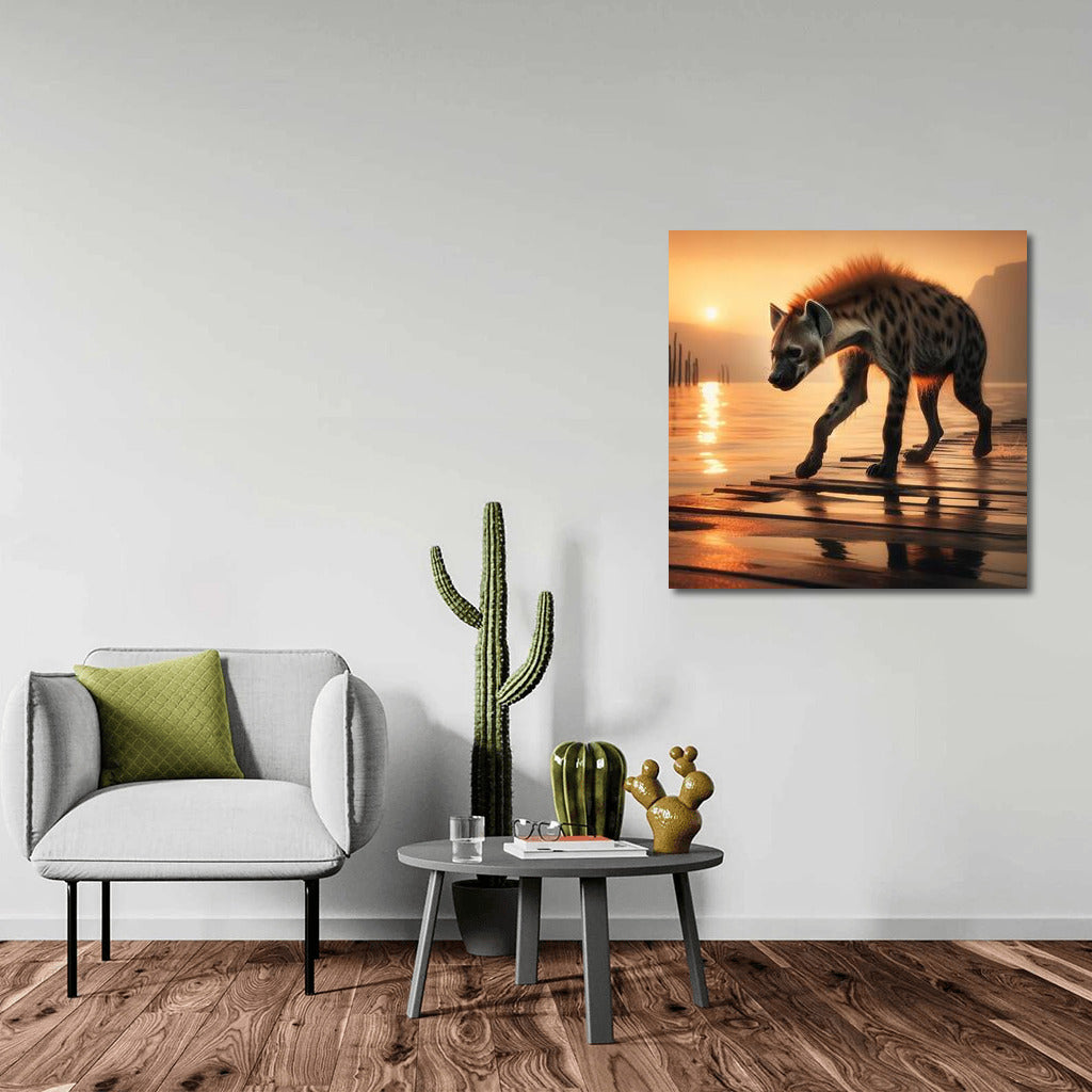 Graceful Hyena at Sunset: Nature Scene on Wooden Board