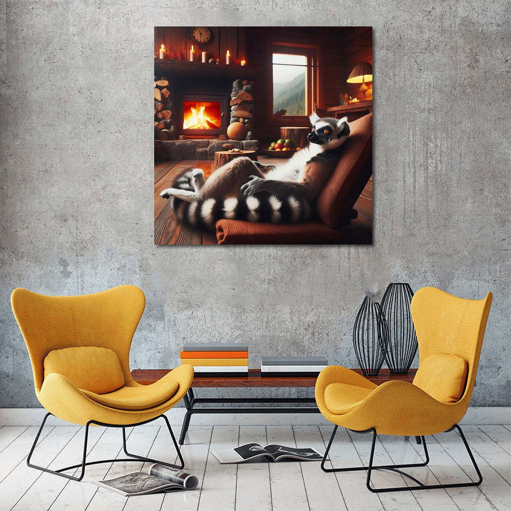Lemur by the Fireplace in the Mountain Cabin