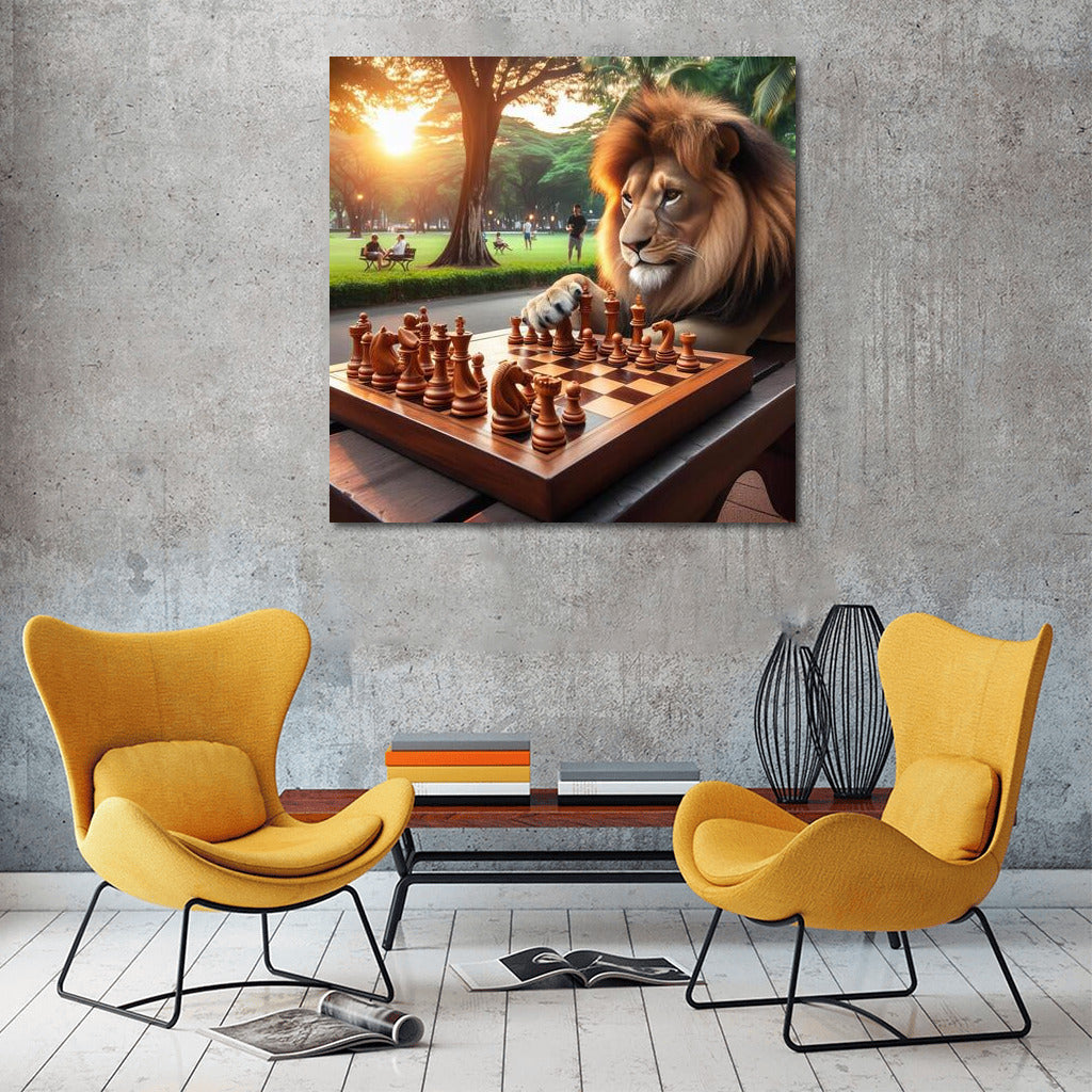 Wise Lion at the Chessboard in the Park: Mysterious Game