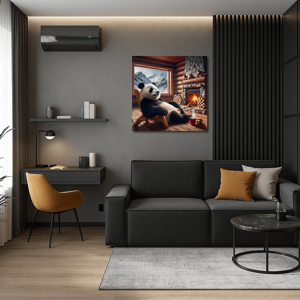 Panda by the Fireplace: Comfort in the Mountain Lodge