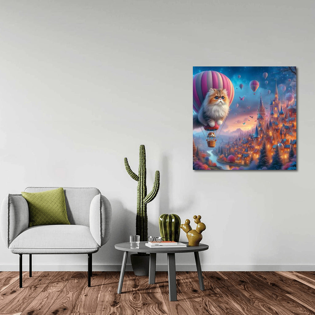 Persian cat in a hot air balloon over a fairytale city