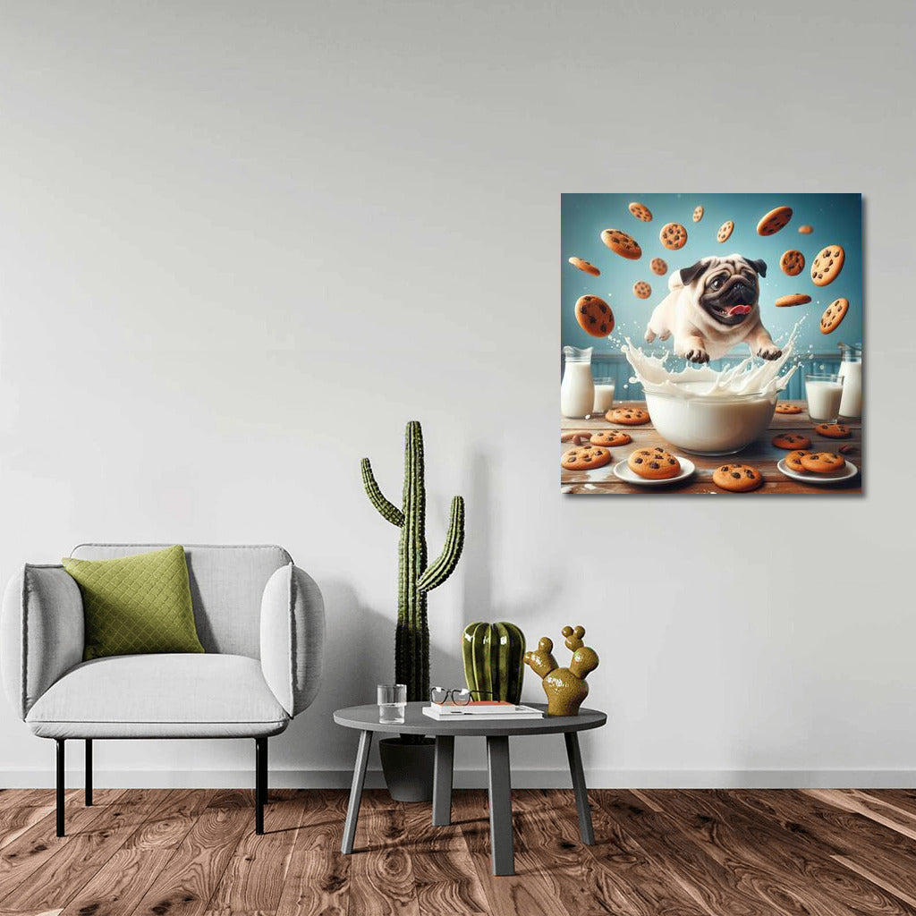Pug in a Milk Pool with Flying Cookies