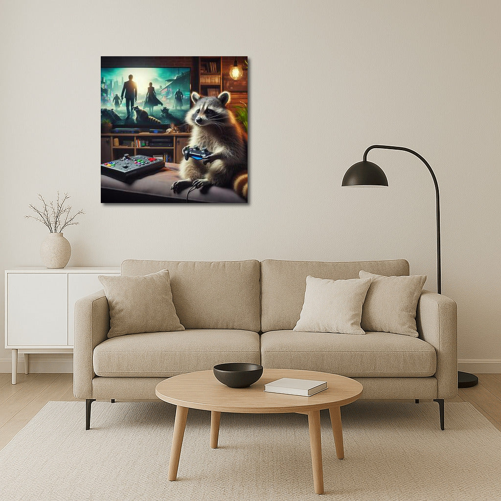 Gaming Raccoon in Home Cinema: Playful Mood