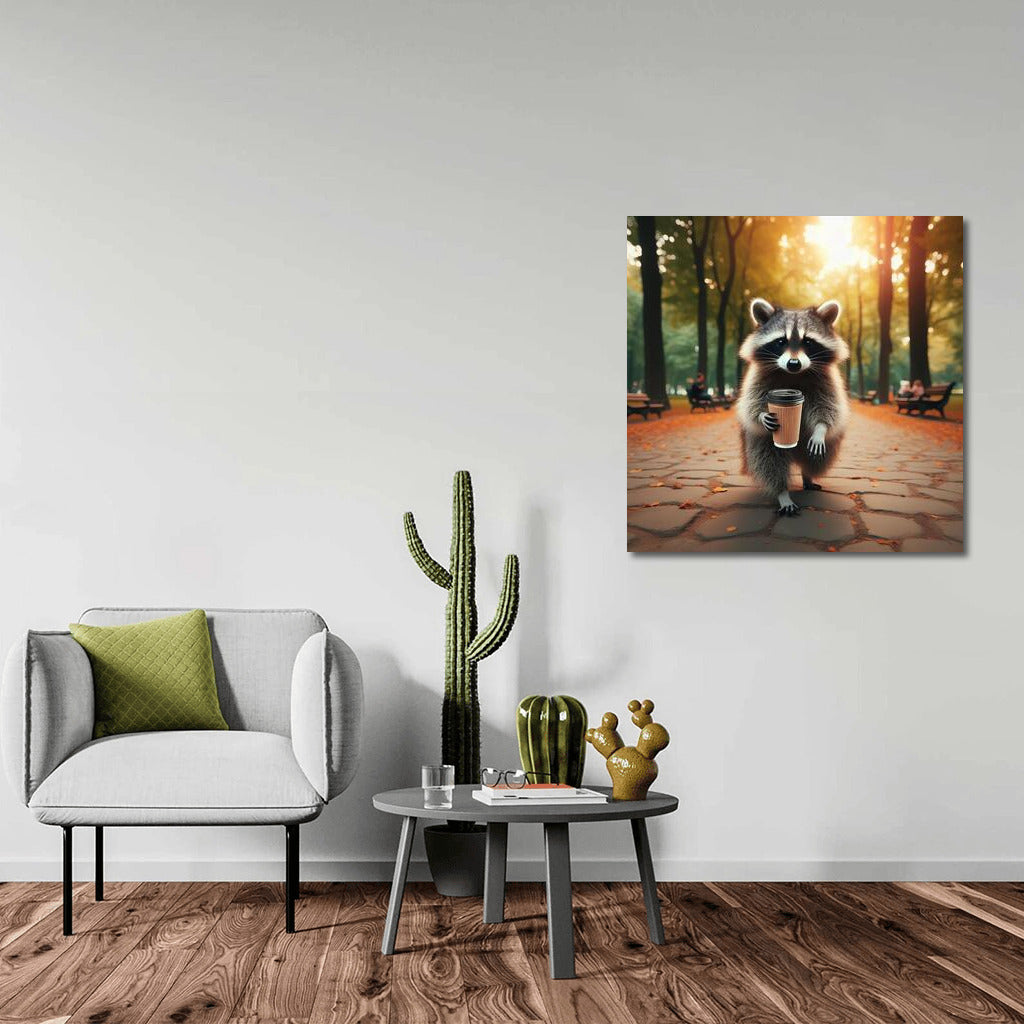 Raccoon with Coffee in the Park: A Cozy Masterpiece for the Home