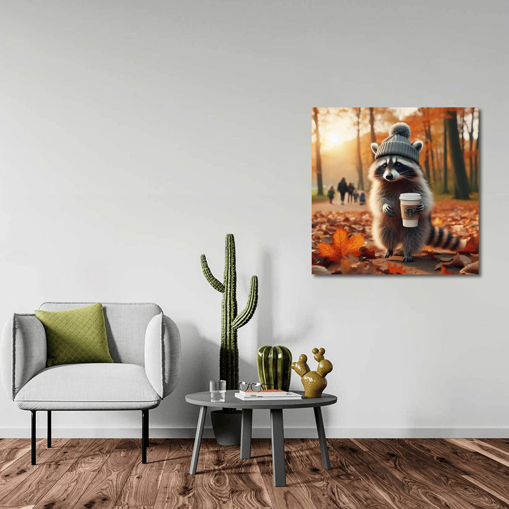 Raccoon in a Hat: Autumn Promenade with Coffee in the Park