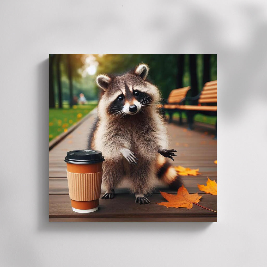 Raccoon with coffee in the park: a cozy walk