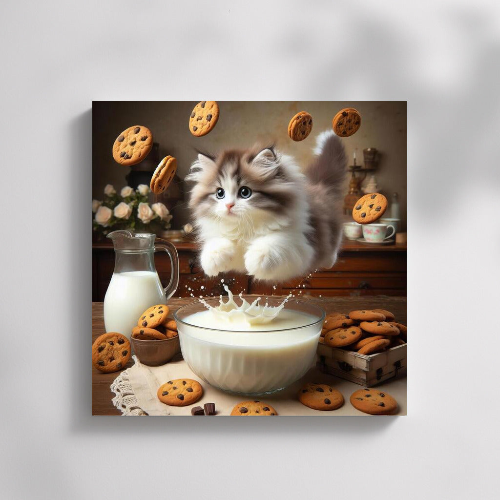 Fluffy Ragdoll in a milky swirl with flying cookies