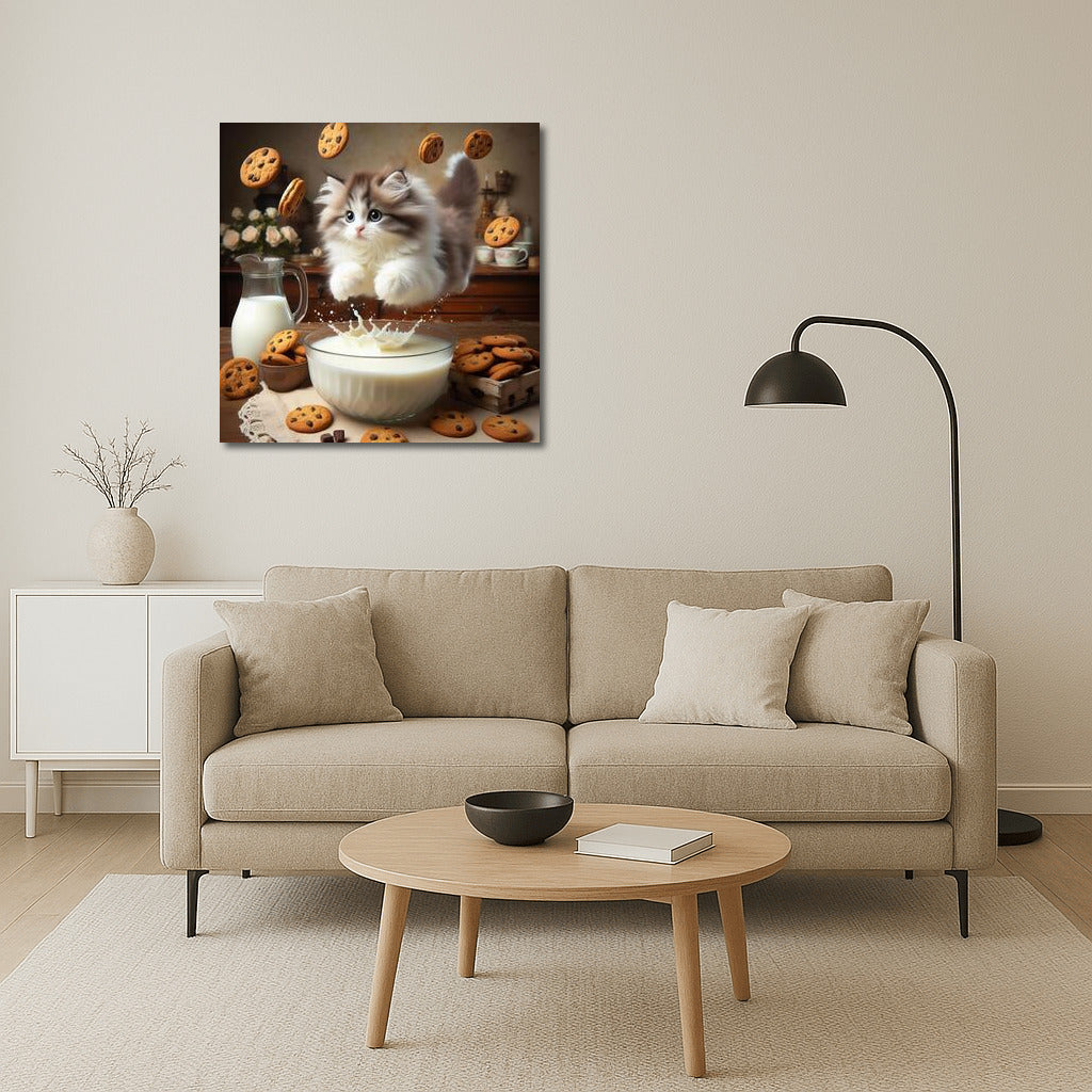 Fluffy Ragdoll in a milky swirl with flying cookies
