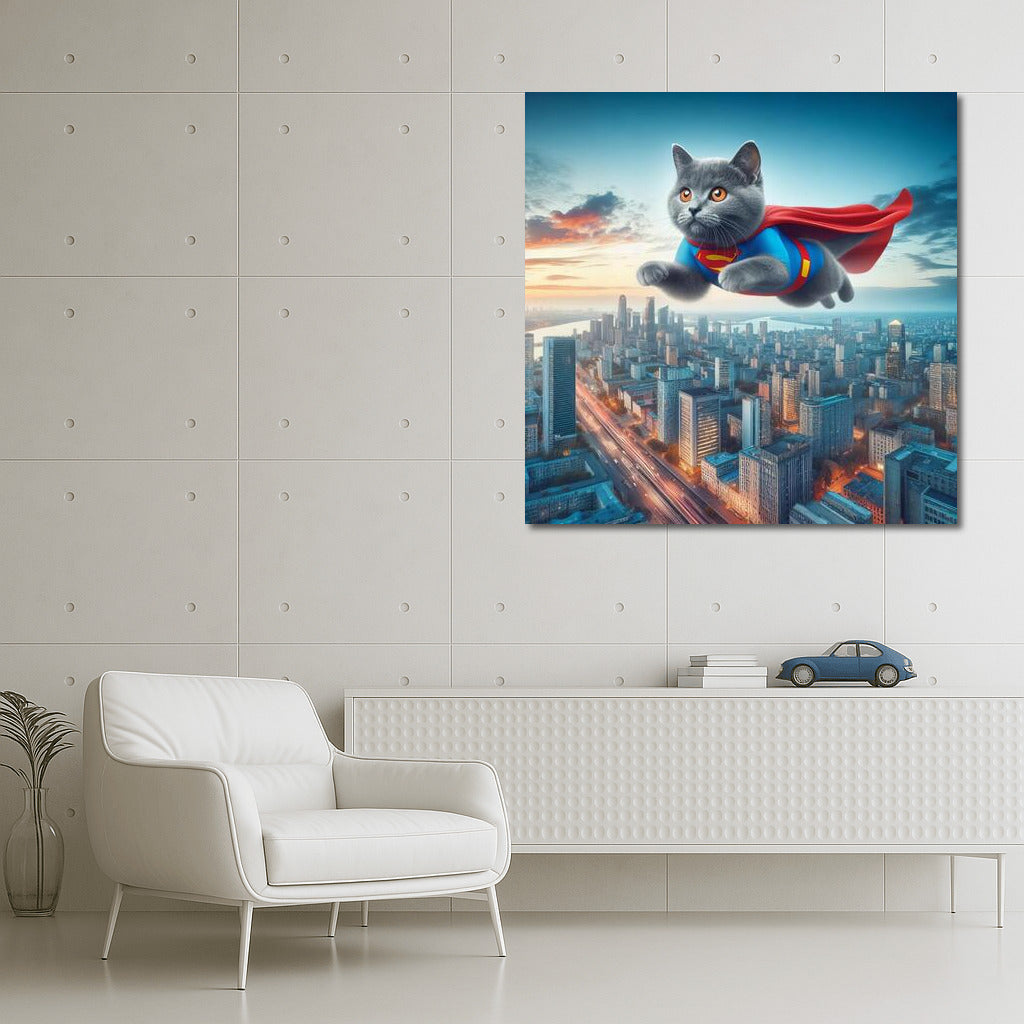 Russian Blue Superhero Cat: Flight over the City