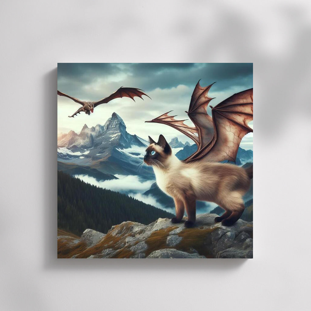 Transformation Magic: Siamese Cat-Dragon Over the Mountain Peaks