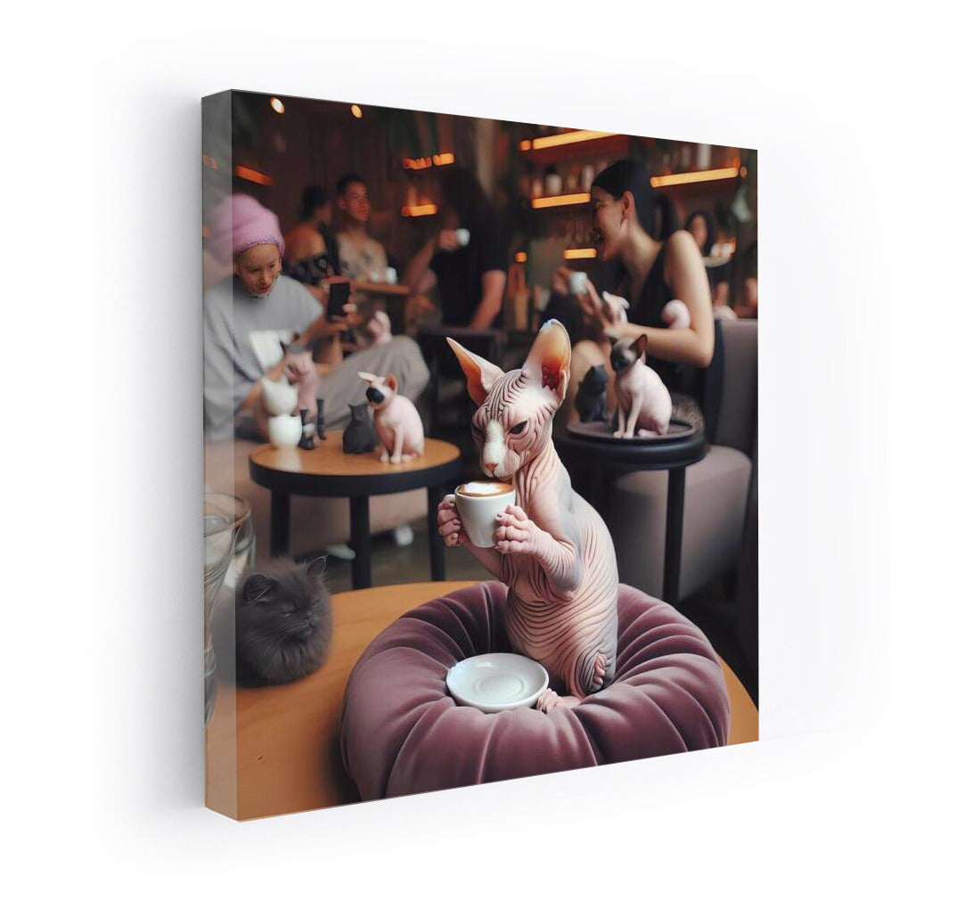 Sphinx in a stylish cafe: coffee coziness and elegance