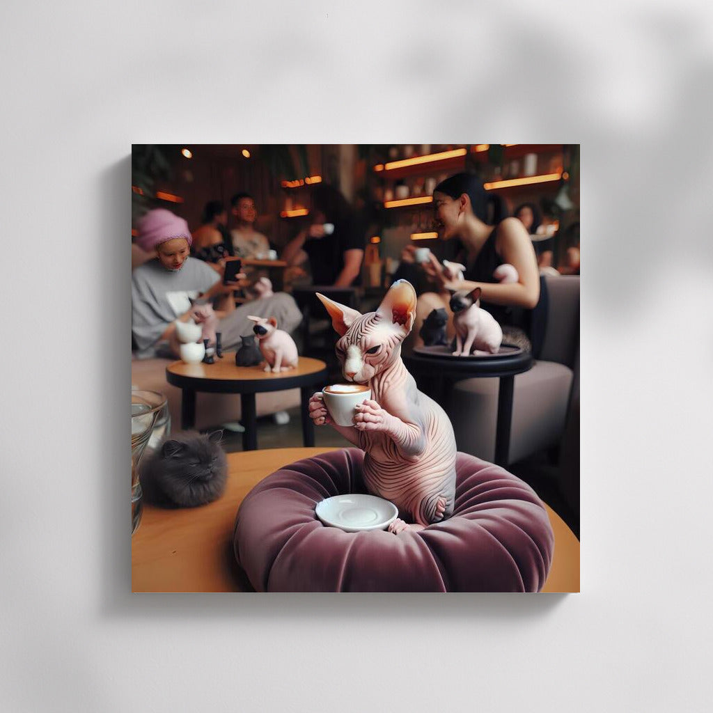 Sphinx in a stylish cafe: coffee coziness and elegance
