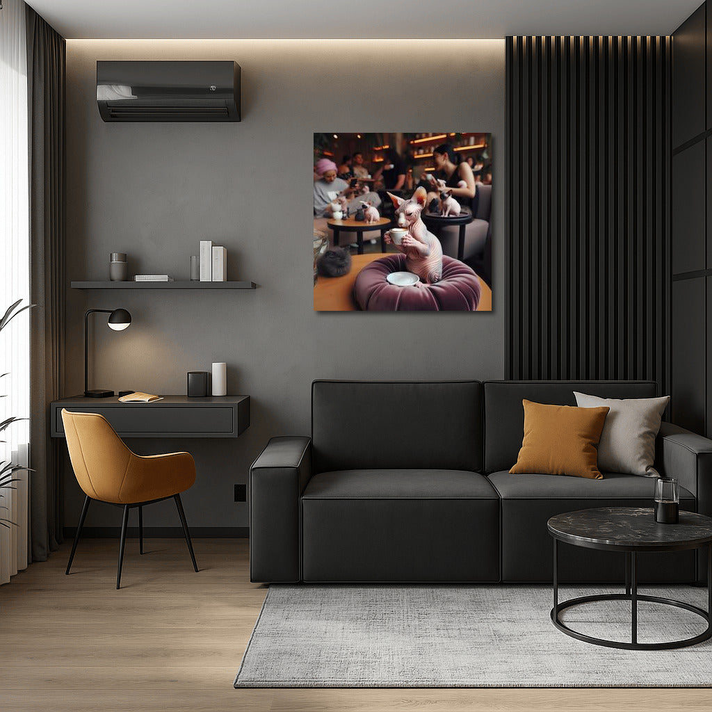 Sphinx in a stylish cafe: coffee coziness and elegance