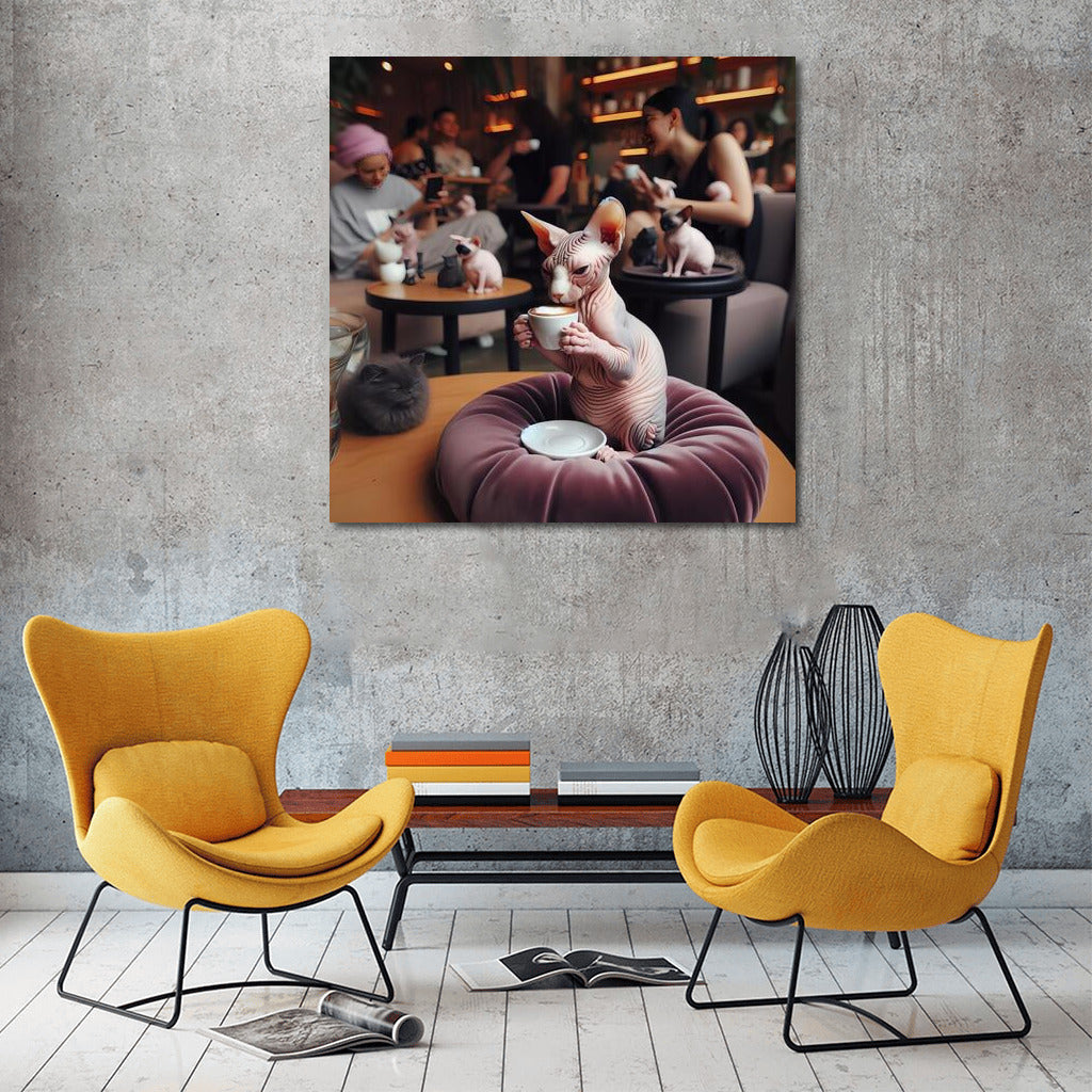 Sphinx in a stylish cafe: coffee coziness and elegance