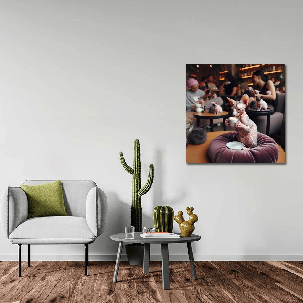 Sphinx in a stylish cafe: coffee coziness and elegance