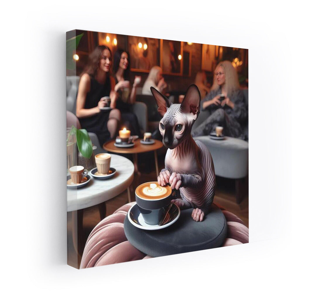Sphinx with a cup of coffee in a stylish cafe