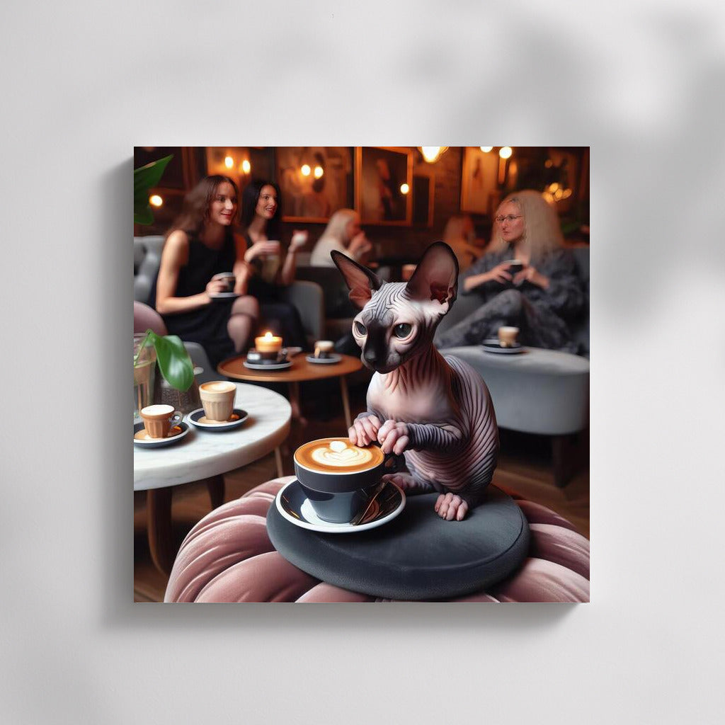 Sphinx with a cup of coffee in a stylish cafe