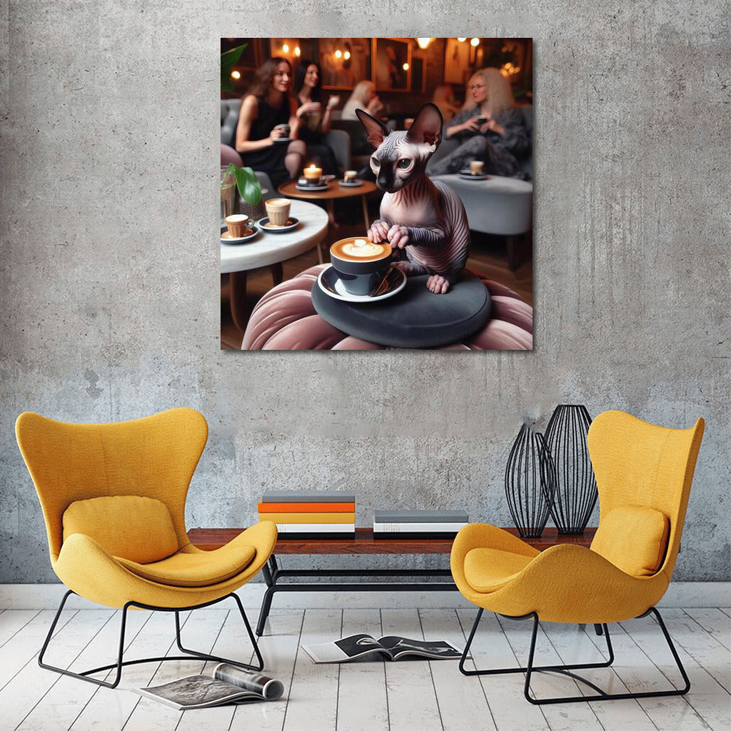 Sphinx with a cup of coffee in a stylish cafe