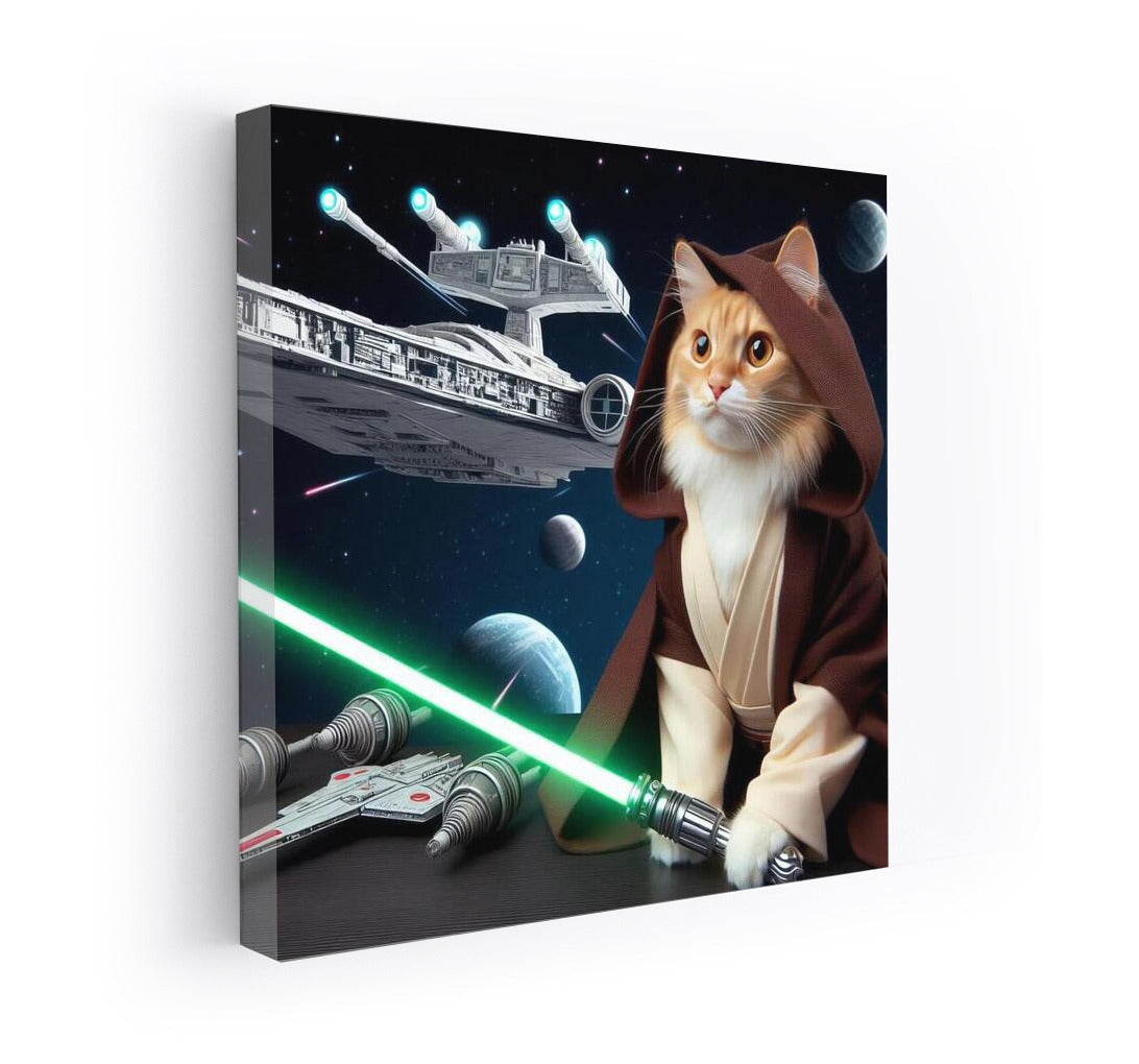 Jedi Cat with a Laser Sword in Front of a Starship: A Galactic Adventure in the Style of Star Wars