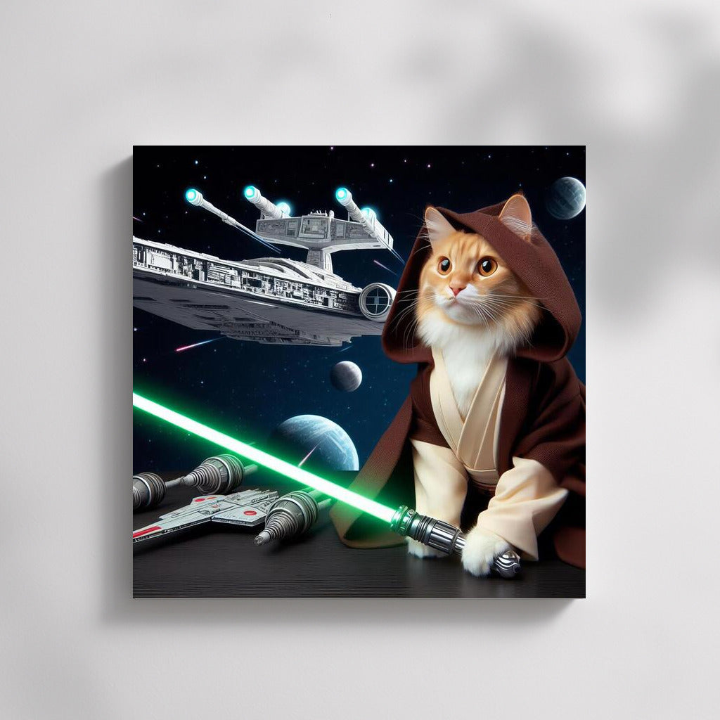Jedi Cat with a Laser Sword in Front of a Starship: A Galactic Adventure in the Style of Star Wars