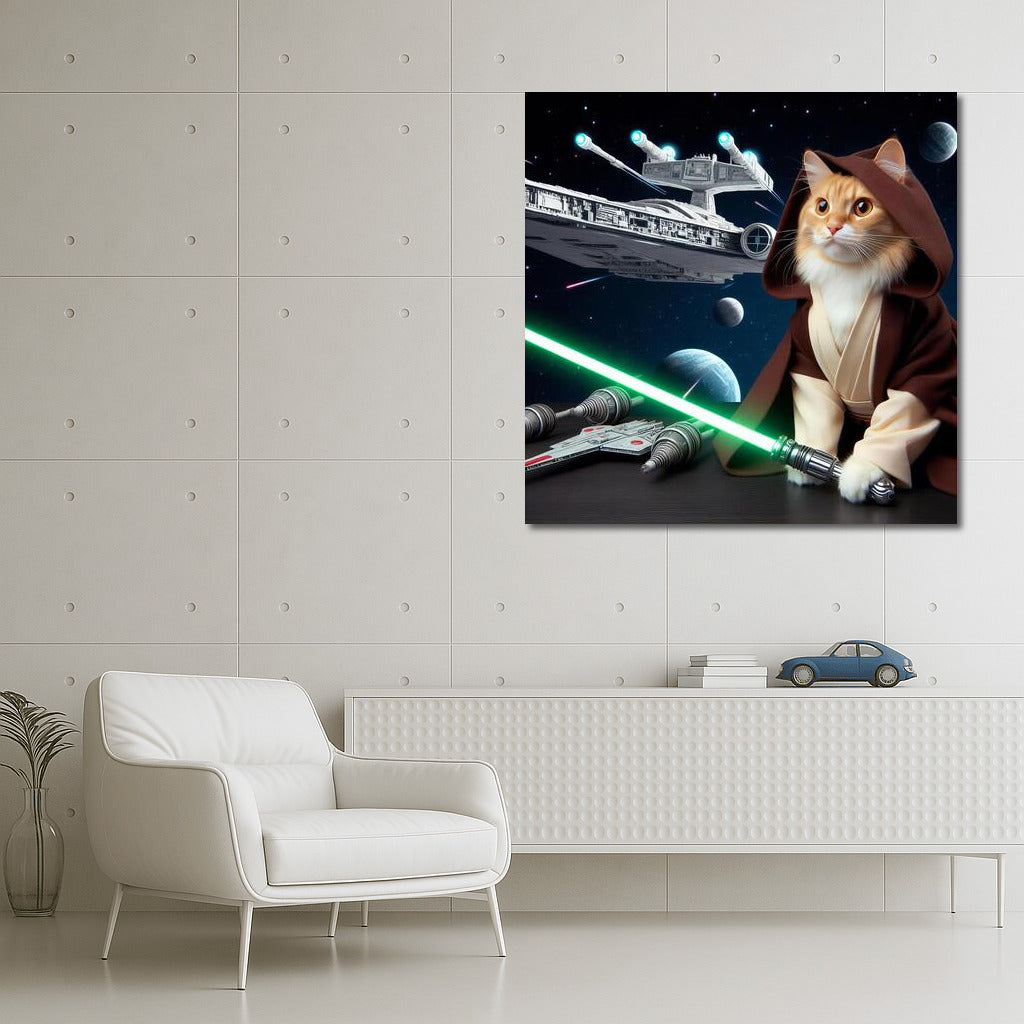 Jedi Cat with a Laser Sword in Front of a Starship: A Galactic Adventure in the Style of Star Wars