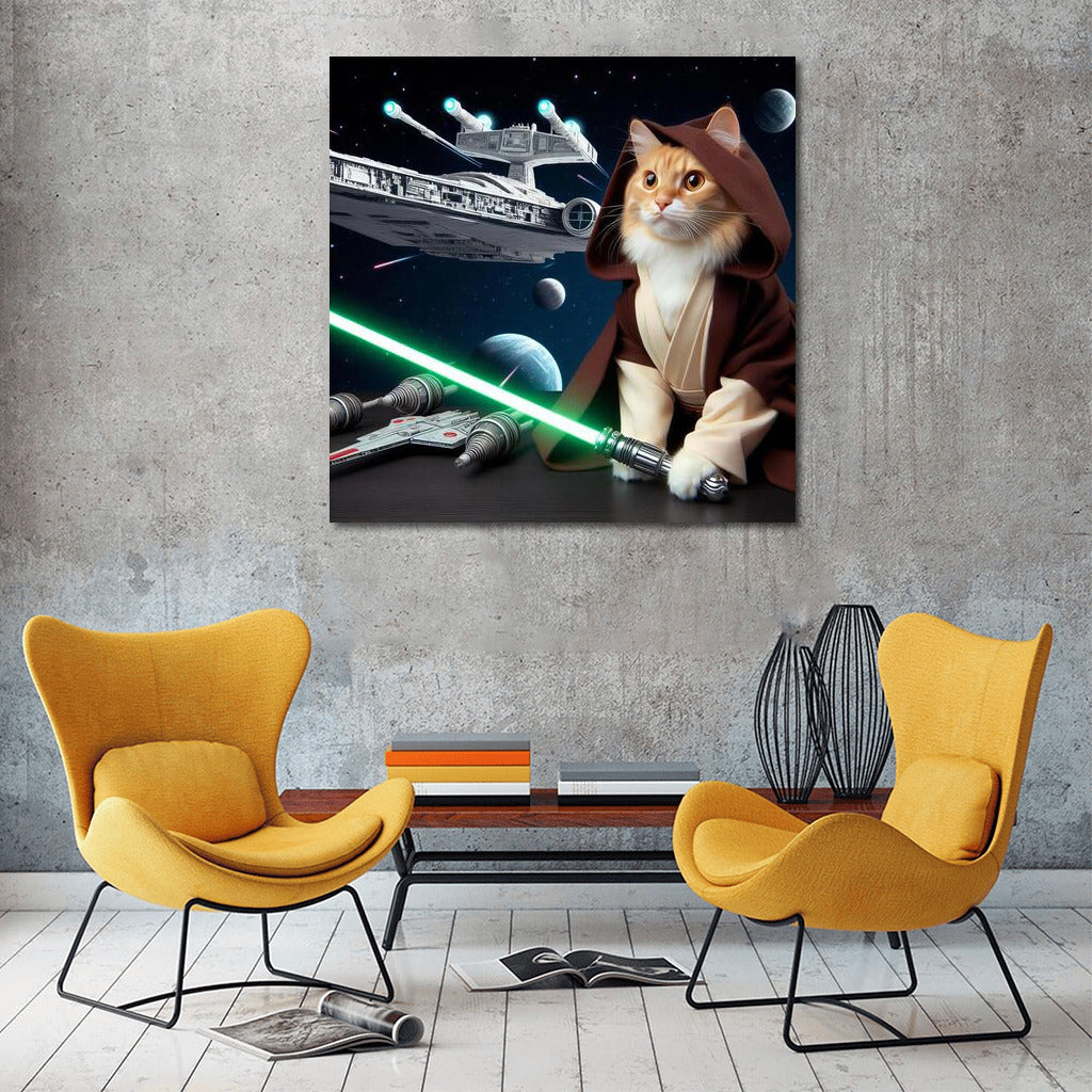 Jedi Cat with a Laser Sword in Front of a Starship: A Galactic Adventure in the Style of Star Wars