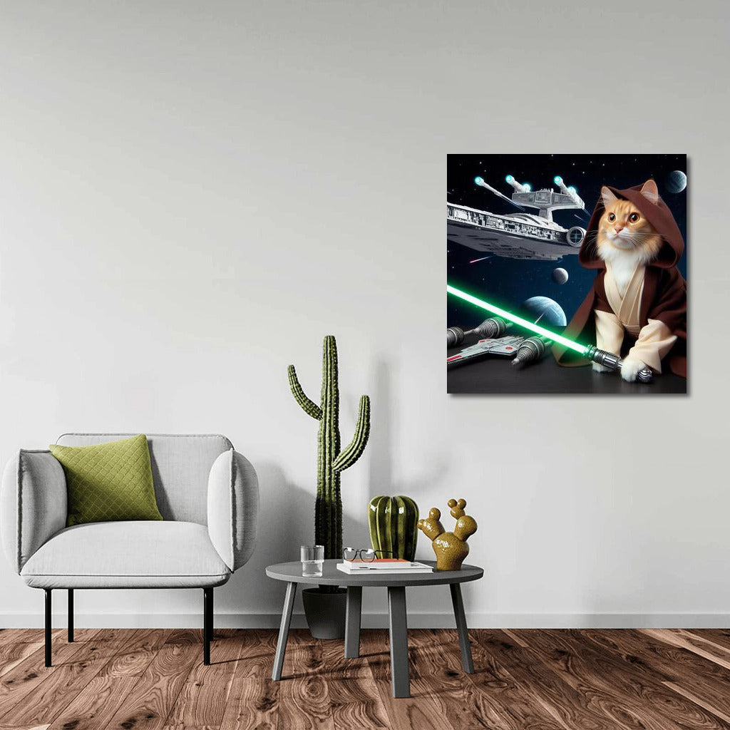 Jedi Cat with a Laser Sword in Front of a Starship: A Galactic Adventure in the Style of Star Wars