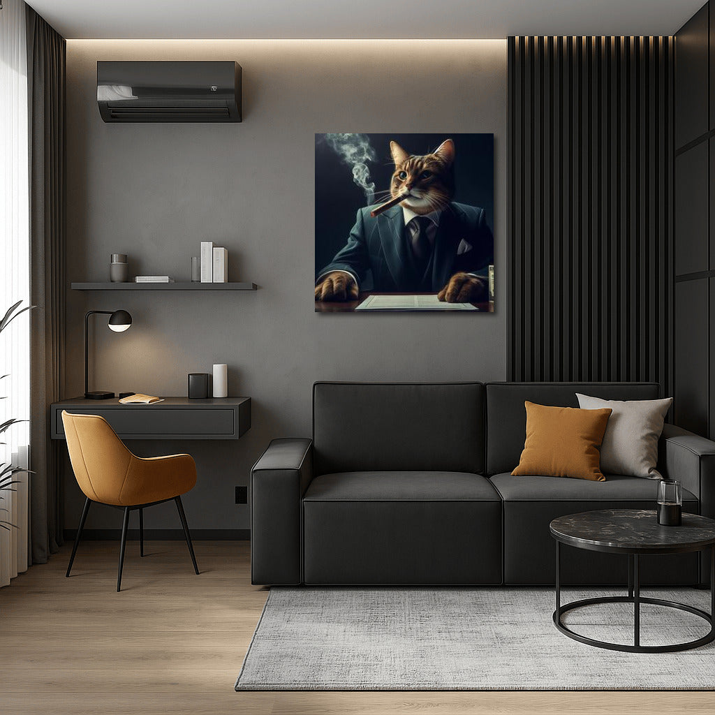 Mafia Cat: Stylish Boss with a Cigar in a Dark Room