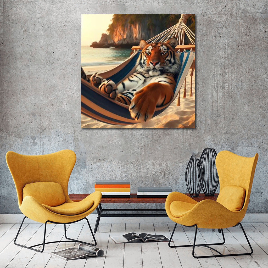 Tiger in a Hammock on the Beach: Serene Relaxation