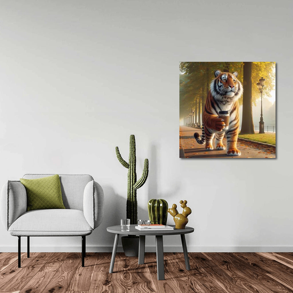 Tiger with Coffee in the Park: Unique Charm for the Interior