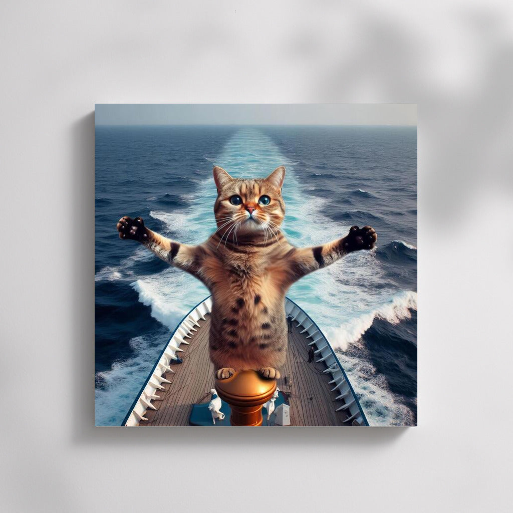 Titanic Cat: The Fluffy King of the Ocean on the Bow of the Ship
