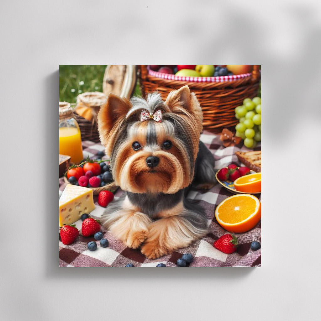 Yorkshire Terrier on a Checkered Blanket: Picnic with Fruit and Cheese