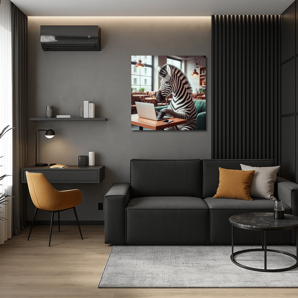Zebra with a laptop in a cozy cafe: stylish decor for your interior