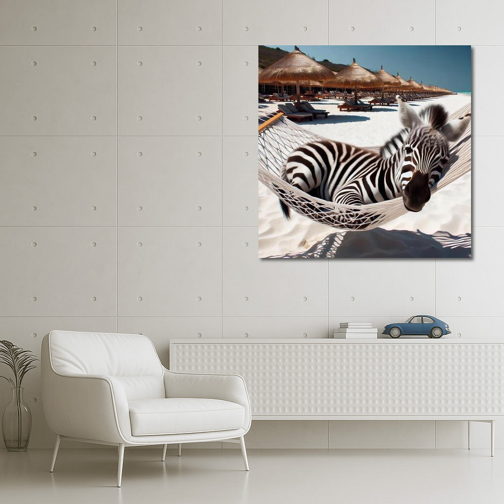 Zebra in a Hammock: Serene Relaxation on the Beach