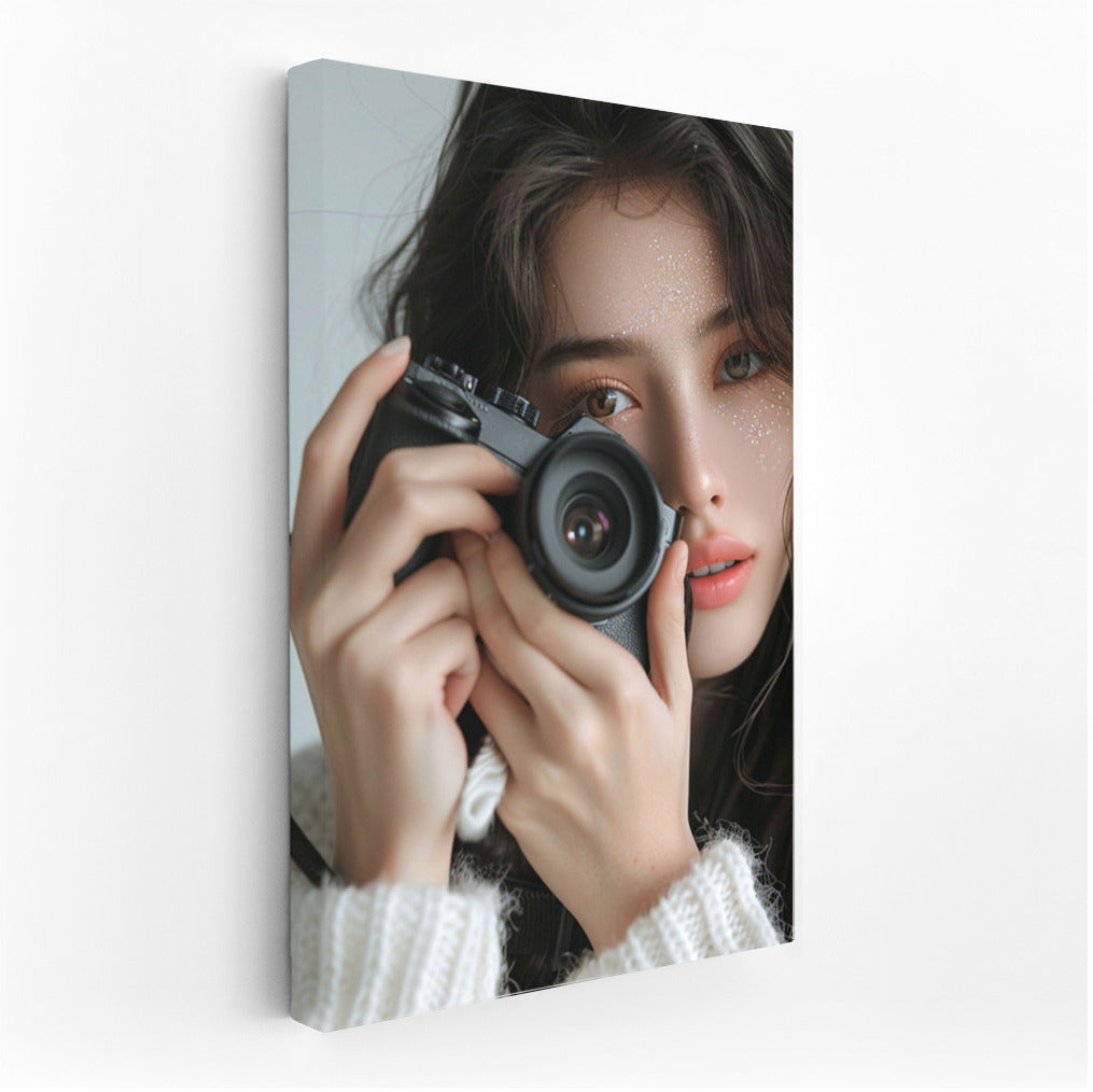 Mysterious Smile of Asian Beauty with Camera: Light and Shadows
