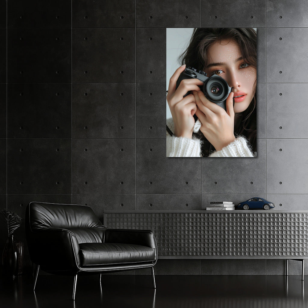 Mysterious Smile of Asian Beauty with Camera: Light and Shadows