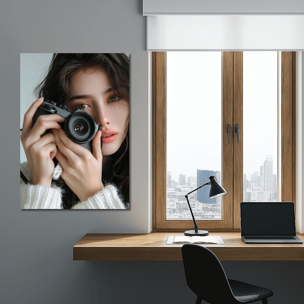 Mysterious Smile of Asian Beauty with Camera: Light and Shadows