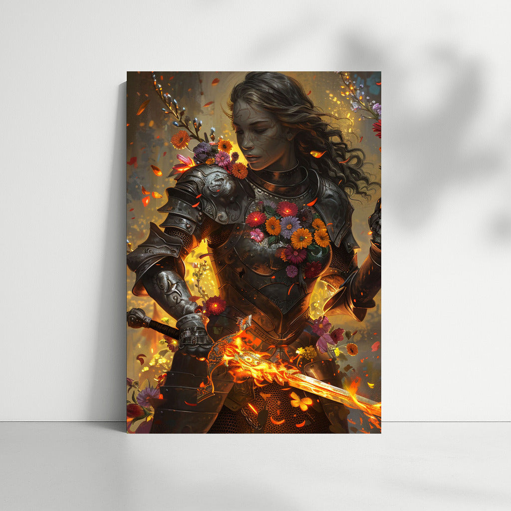 Girl in Armor Among a Flower Field: Magical Harmony of Nature