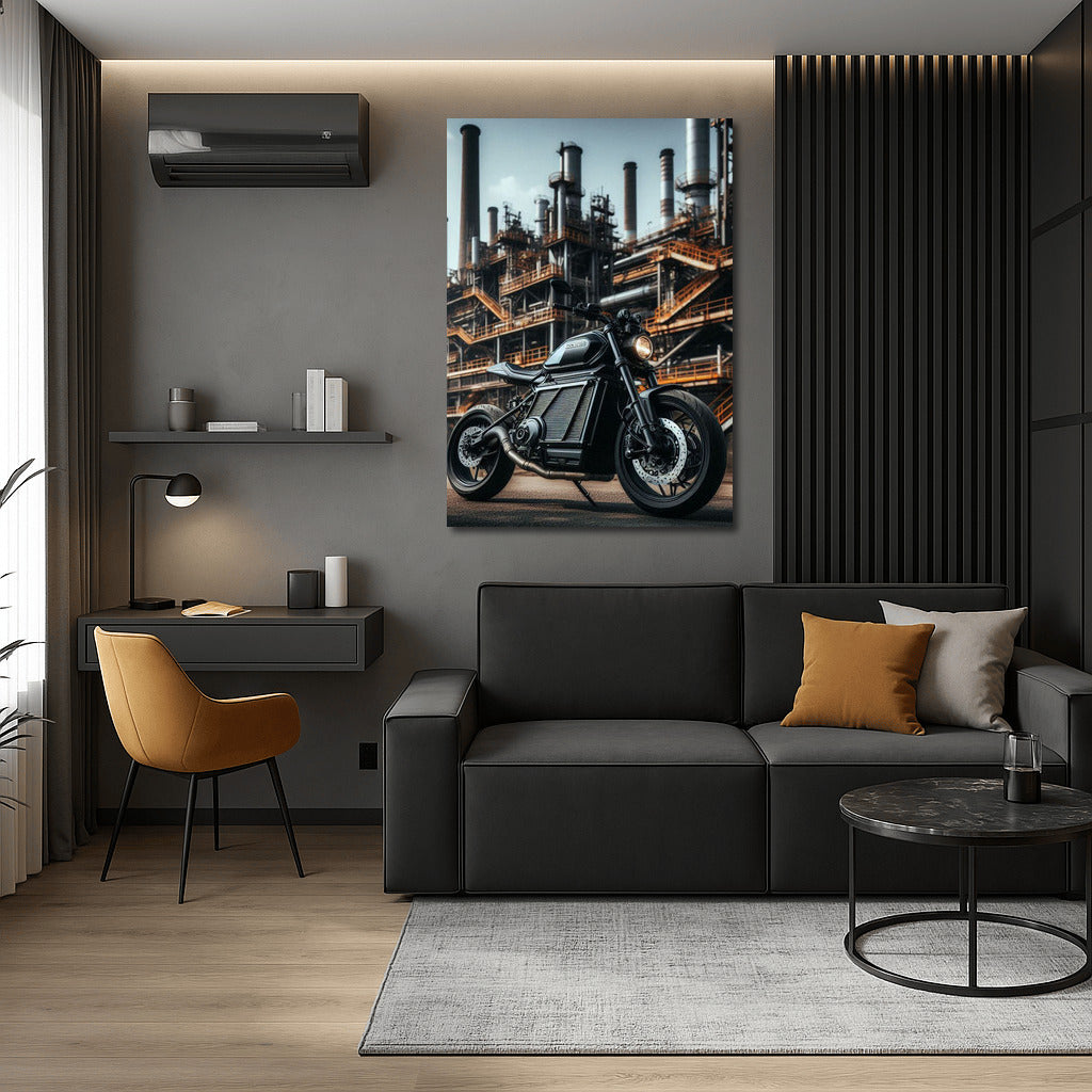 Electric Motorcycle in Industrial Zone: Speed and Modernity