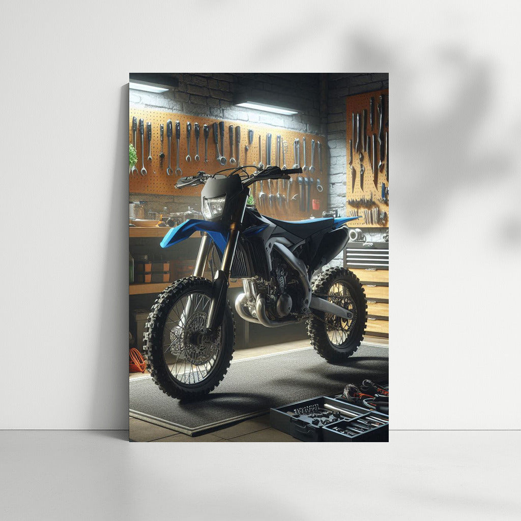 Enduro bike in a stylish workshop: speed and mechanics in detail