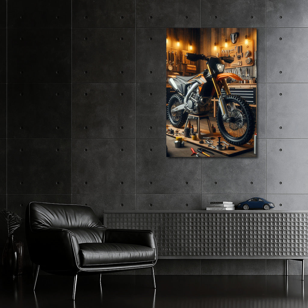Enduro bike in a stylish workshop: speed and mechanics in the interior