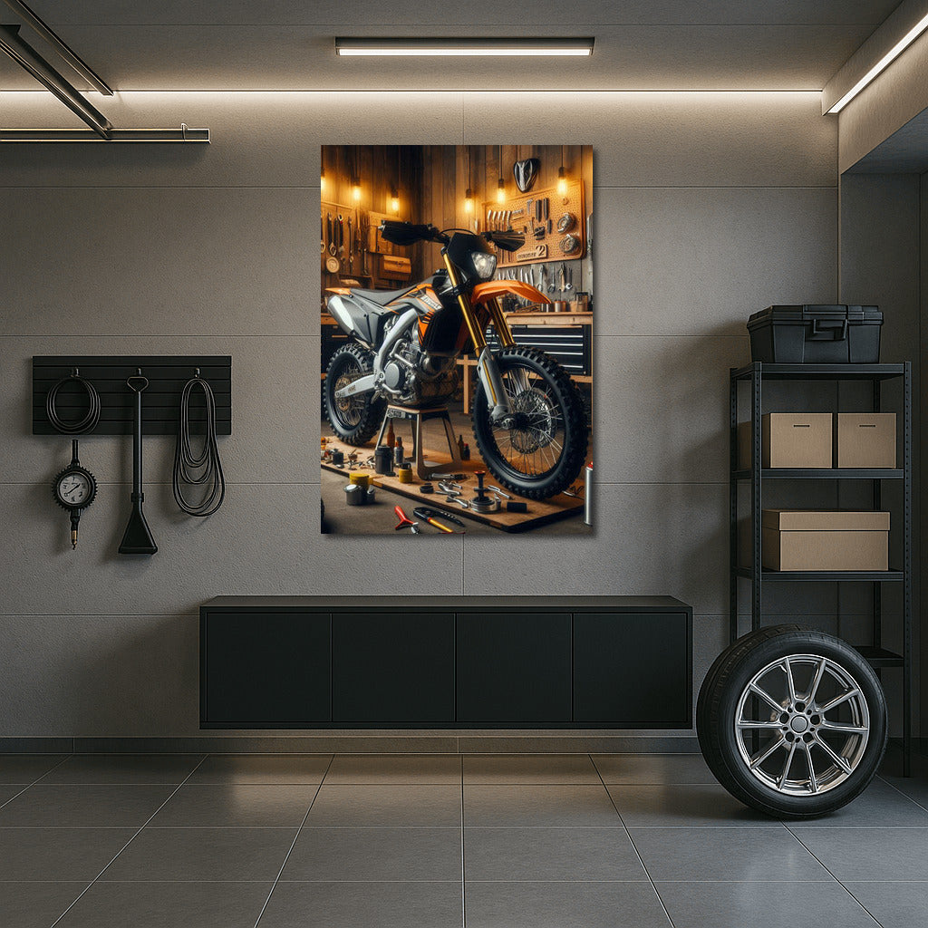 Enduro bike in a stylish workshop: speed and mechanics in the interior