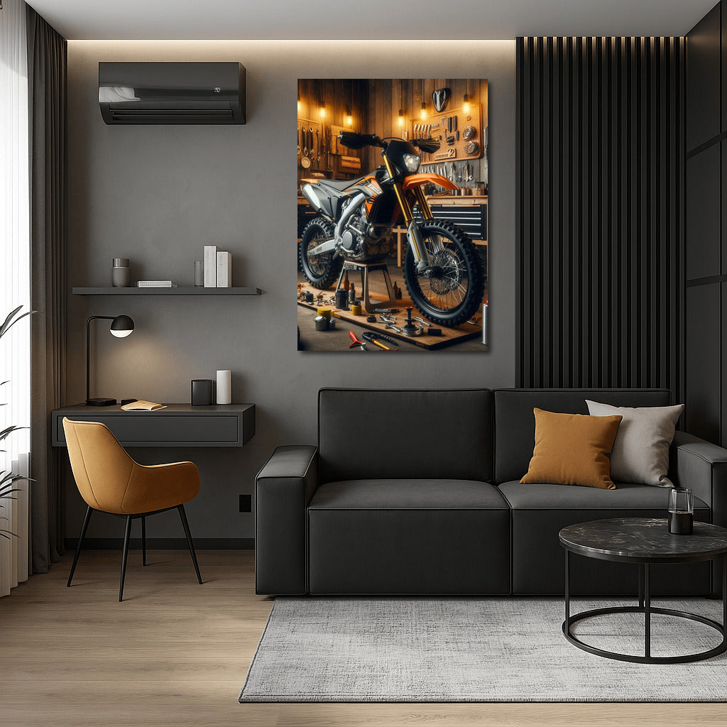 Enduro bike in a stylish workshop: speed and mechanics in the interior