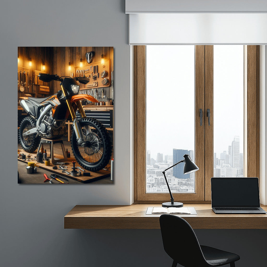 Enduro bike in a stylish workshop: speed and mechanics in the interior