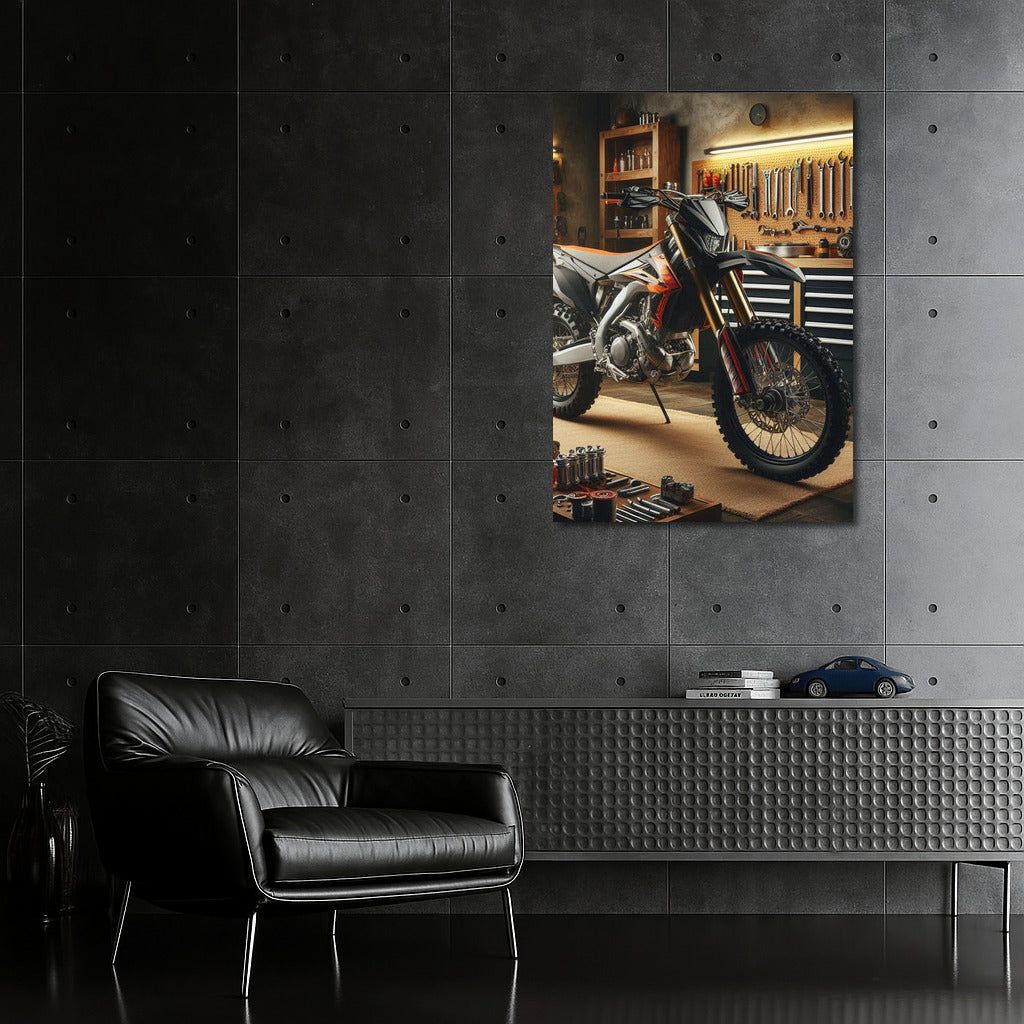 Enduro bike in a stylish workshop: speed and mechanics in detail
