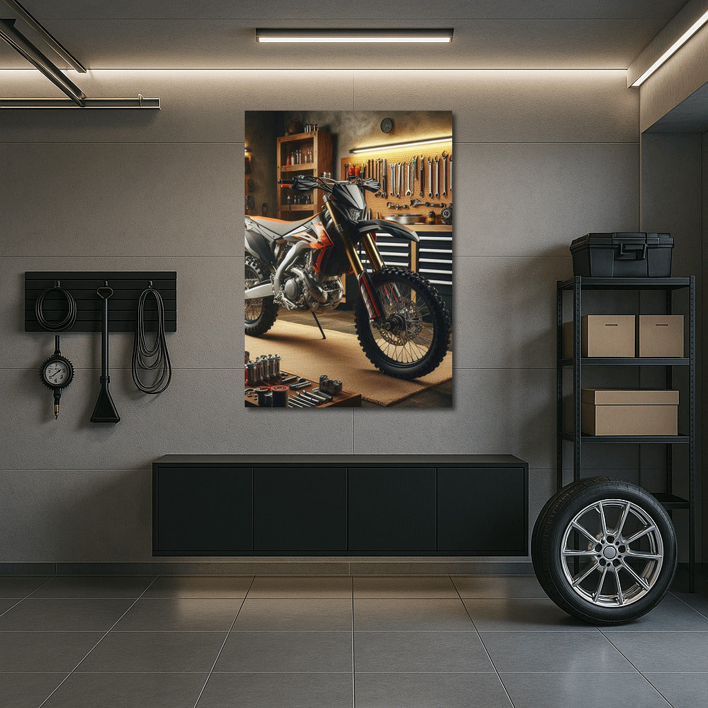 Enduro bike in a stylish workshop: speed and mechanics in detail