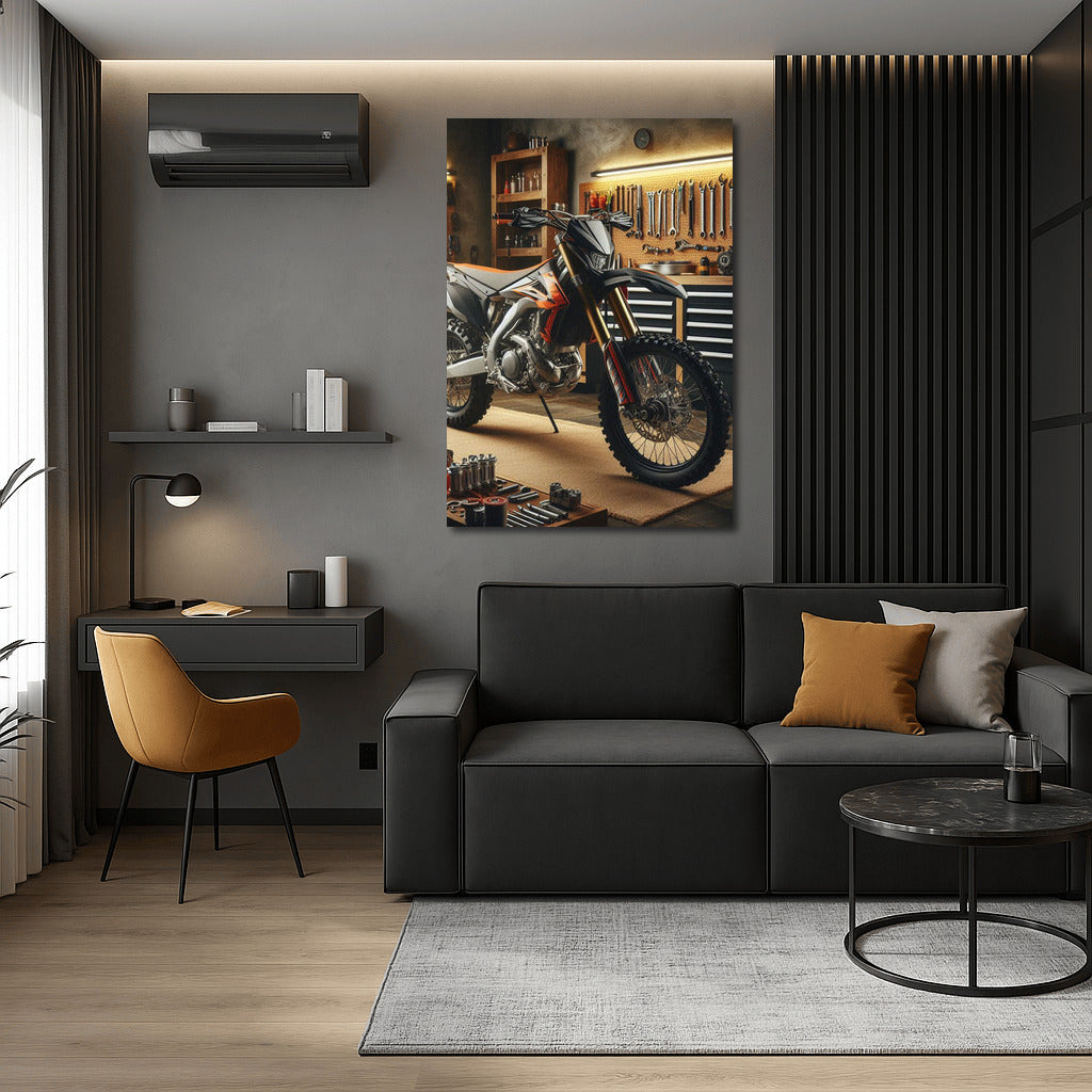 Enduro bike in a stylish workshop: speed and mechanics in detail