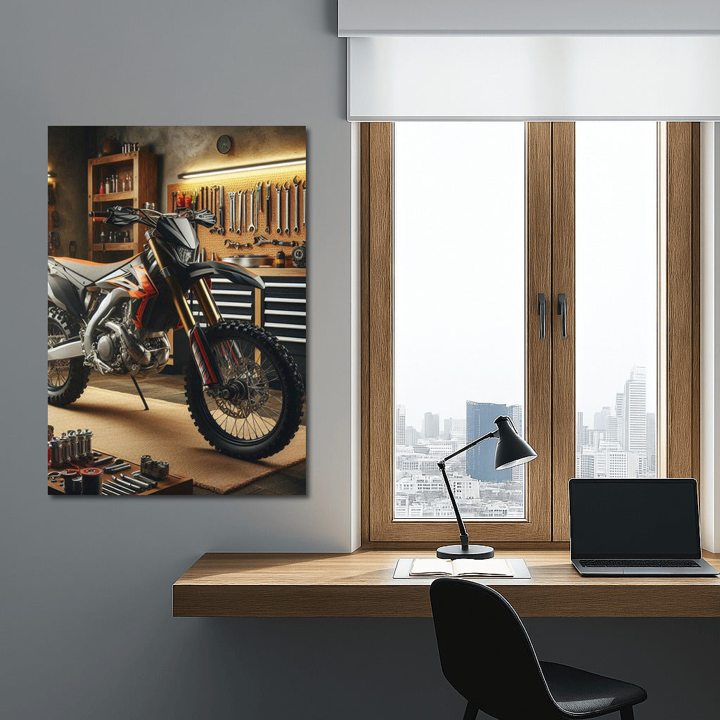 Enduro bike in a stylish workshop: speed and mechanics in detail