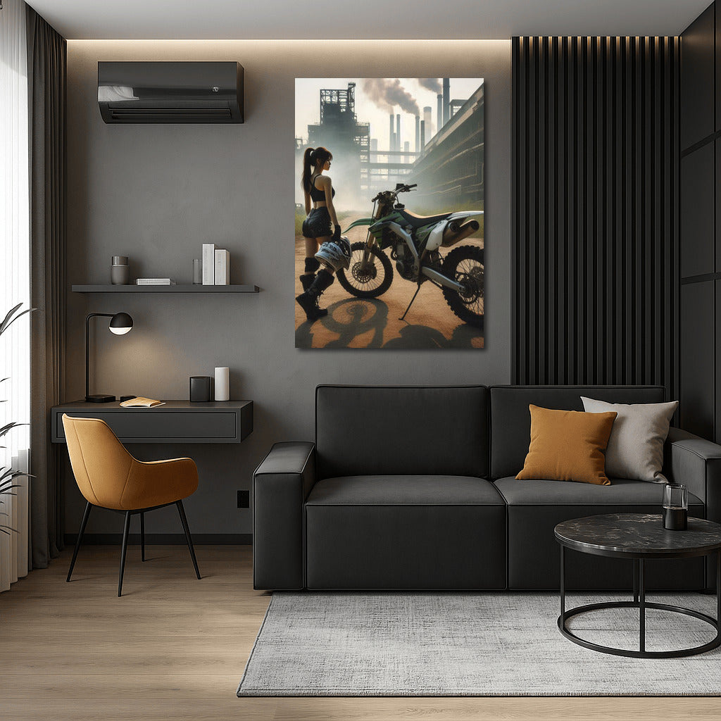 Motocross Bike and Mysterious Silhouette on the Background of an Abandoned Factory