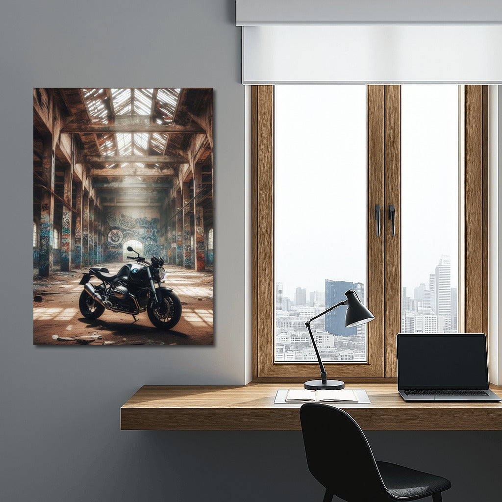 BMW Motorcycle in Abandoned Warehouse: Power and Style
